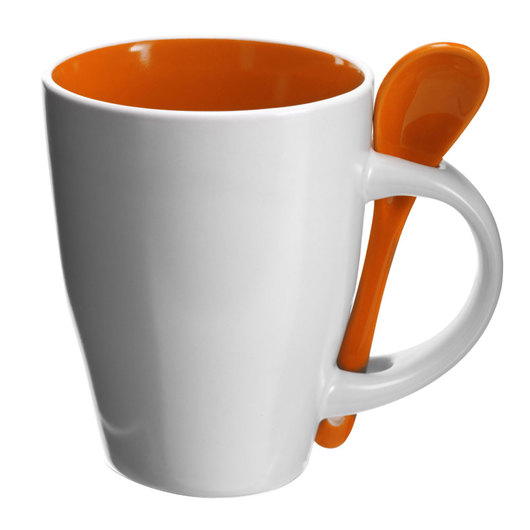 Coffee Mugs with Spoons White Orange